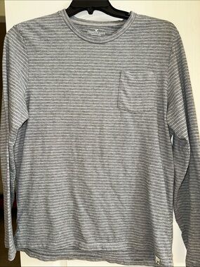 American Eagle Outfitters Men’s Long-Sleeve Striped Crew Pocket Tee - Gray